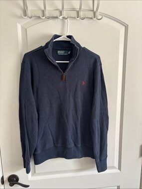 Polo Ralph Lauren Quarter Zip Sweater Men's Medium Navy Blue Cotton Red Pony